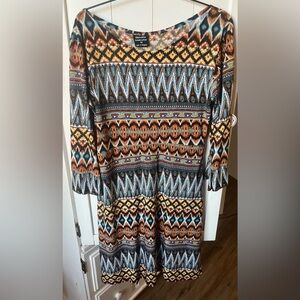 Matrushka Ziggy 3/4 Sleeve Vibrant Multicolor Geometric Midi Dress Sz M
